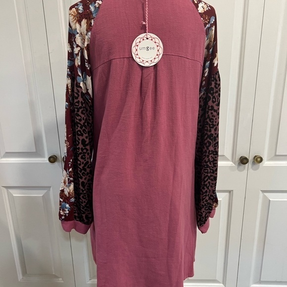 Umgee, New Multi Pattern Sleeves Pink Shift Tunic Dress with Pockets - Picture 9 of 13